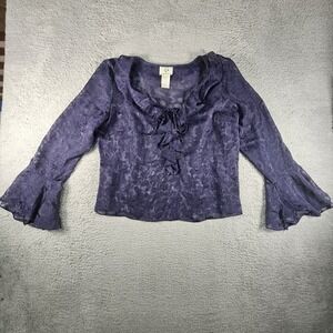 Vtg ICE Top Women XL Navy Floral Sheer Ruffle Peasant Cottagecore Victorian READ